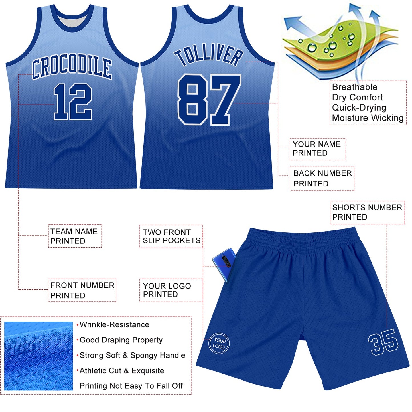 Custom Light Blue Royal-White Fade Fashion Round Neck Sublimation Basketball Set Jersey
