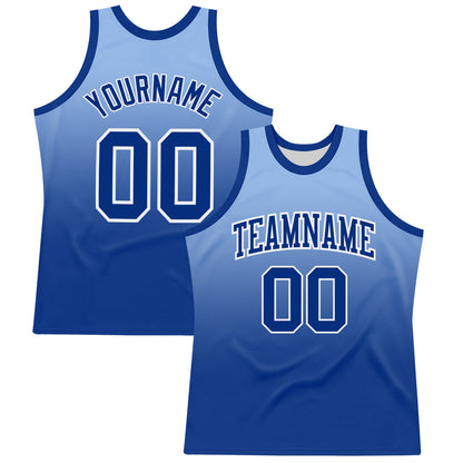 Custom Light Blue Royal-White Fade Fashion Round Neck Sublimation Basketball Set Jersey