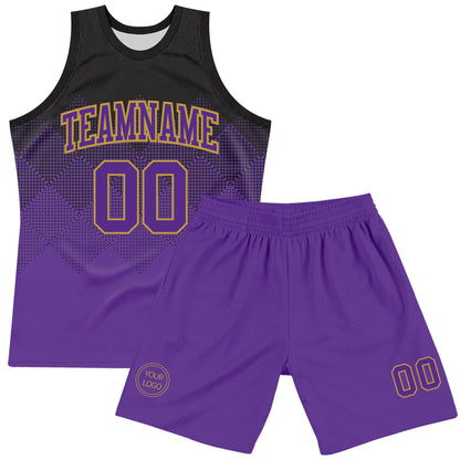 Custom Black Purple-Old Gold Fade Fashion Round Neck Sublimation Basketball Set Jersey