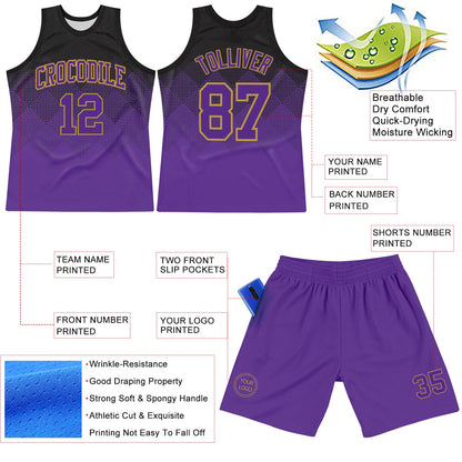 Custom Black Purple-Old Gold Fade Fashion Round Neck Sublimation Basketball Set Jersey