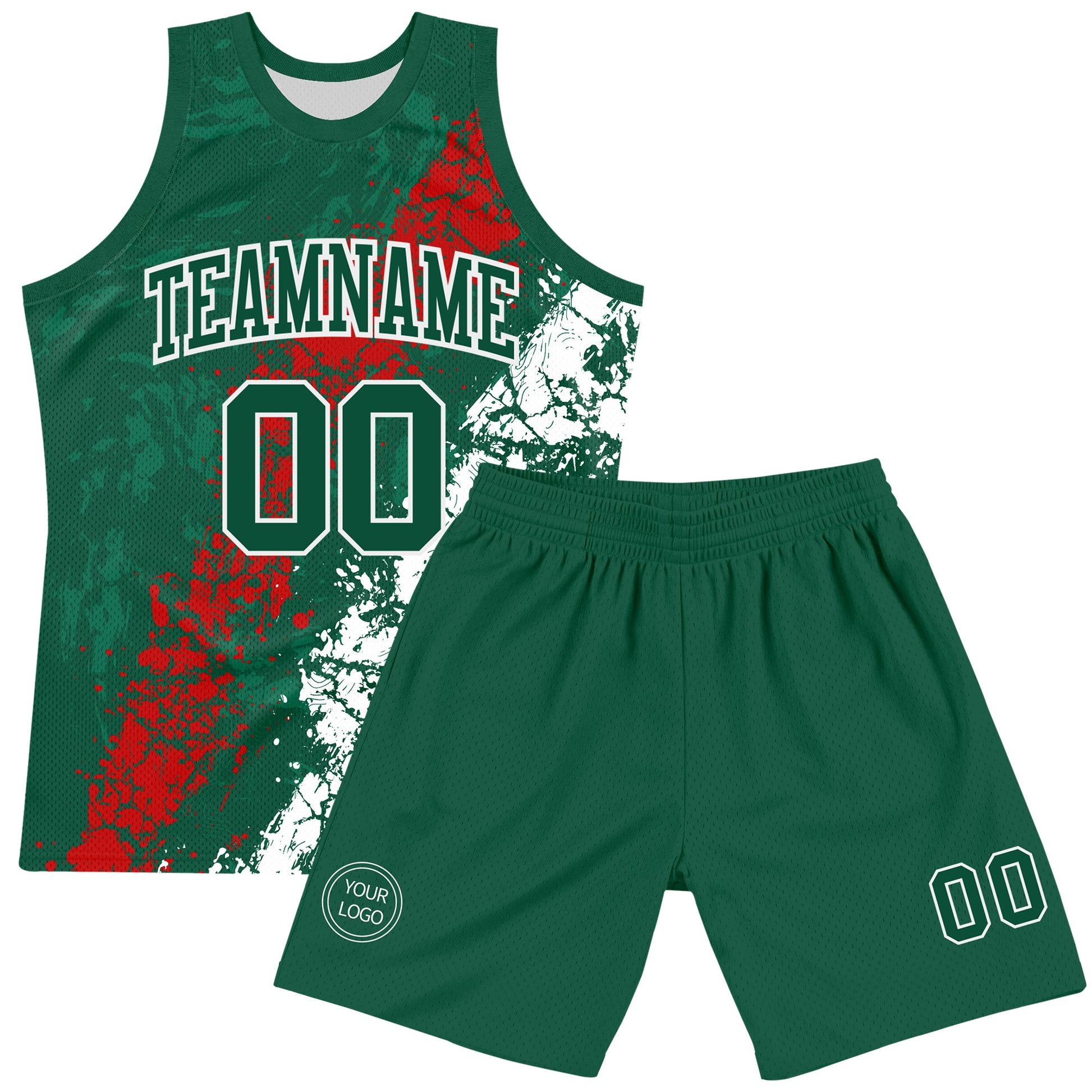 Custom Green Red-White Splash Round Neck Sublimation Basketball Set Jersey