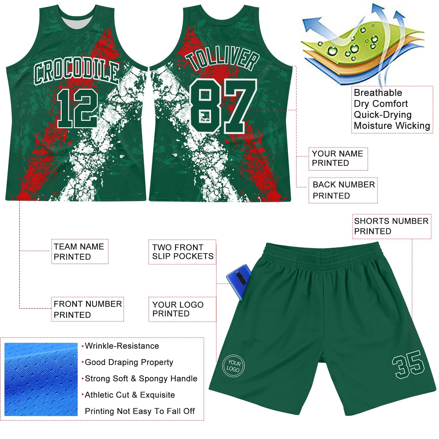 Custom Green Red-White Splash Round Neck Sublimation Basketball Set Jersey
