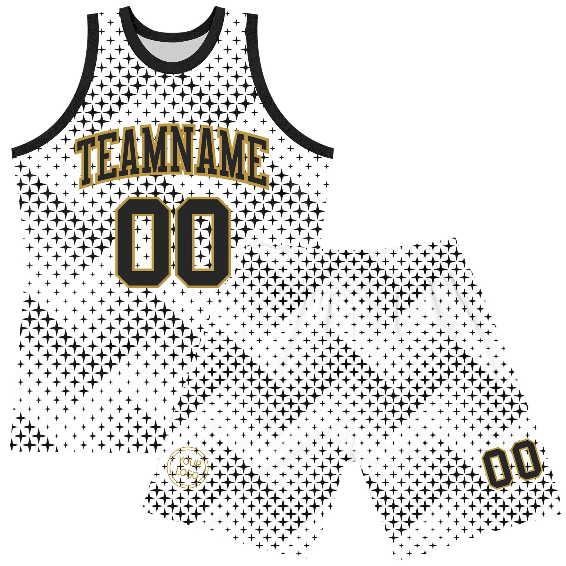 Custom White Black-Old Gold Geometric Shape Round Neck Sublimation Basketball Set Jersey