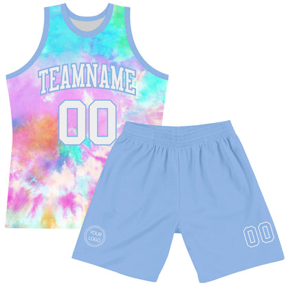 Custom Tie Dye White-Light Blue Round Neck Sublimation Basketball Set Jersey