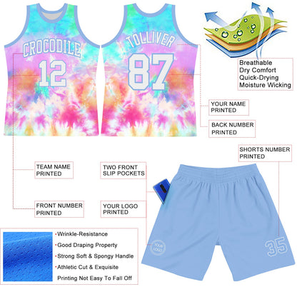 Custom Tie Dye White-Light Blue Round Neck Sublimation Basketball Set Jersey