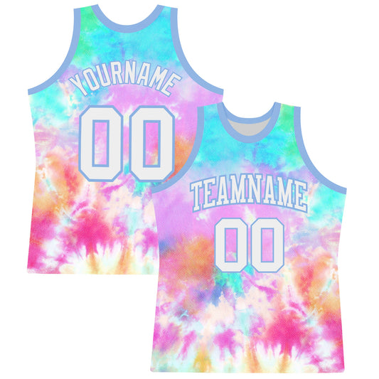 Custom Tie Dye White-Light Blue Round Neck Sublimation Basketball Set Jersey