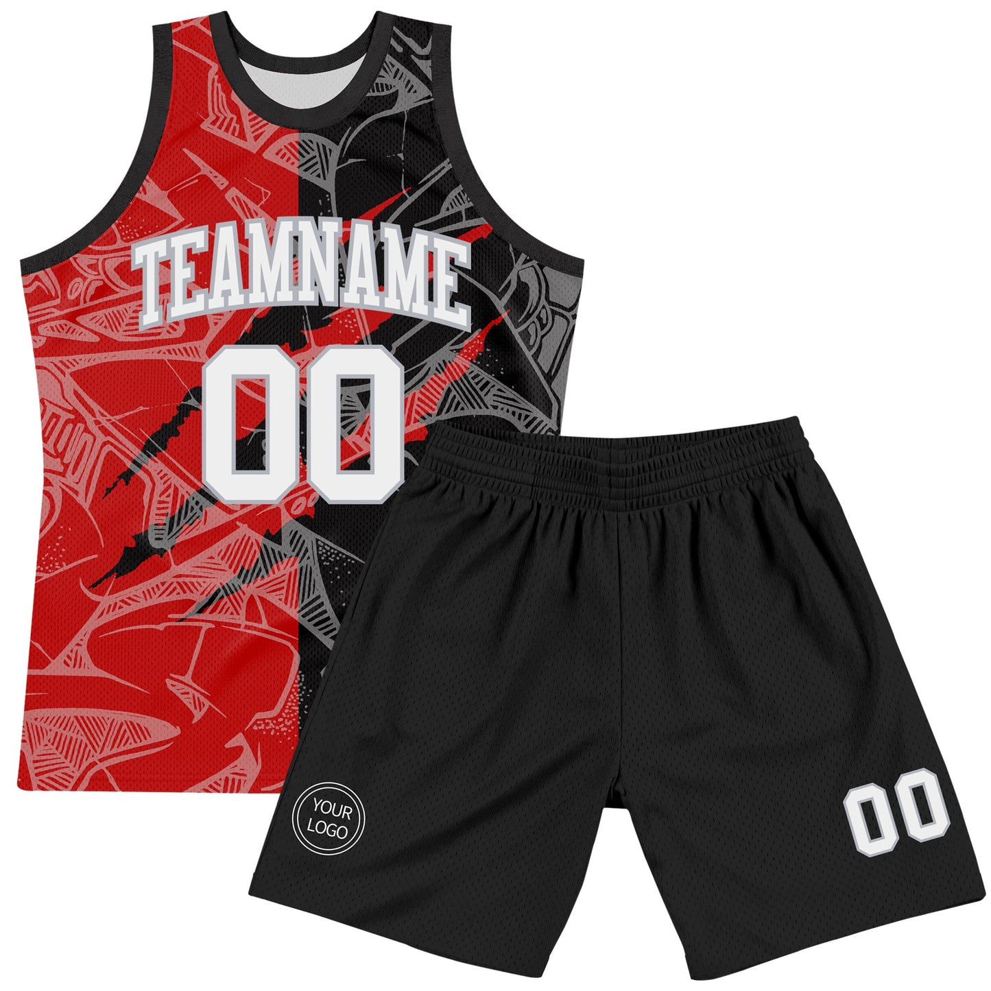 Custom Graffiti Pattern White Black Red-Gray Scratch Round Neck Sublimation Basketball Set Jersey