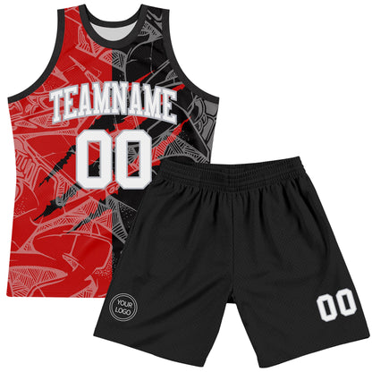 Custom Graffiti Pattern White Black Red-Gray Scratch Round Neck Sublimation Basketball Set Jersey