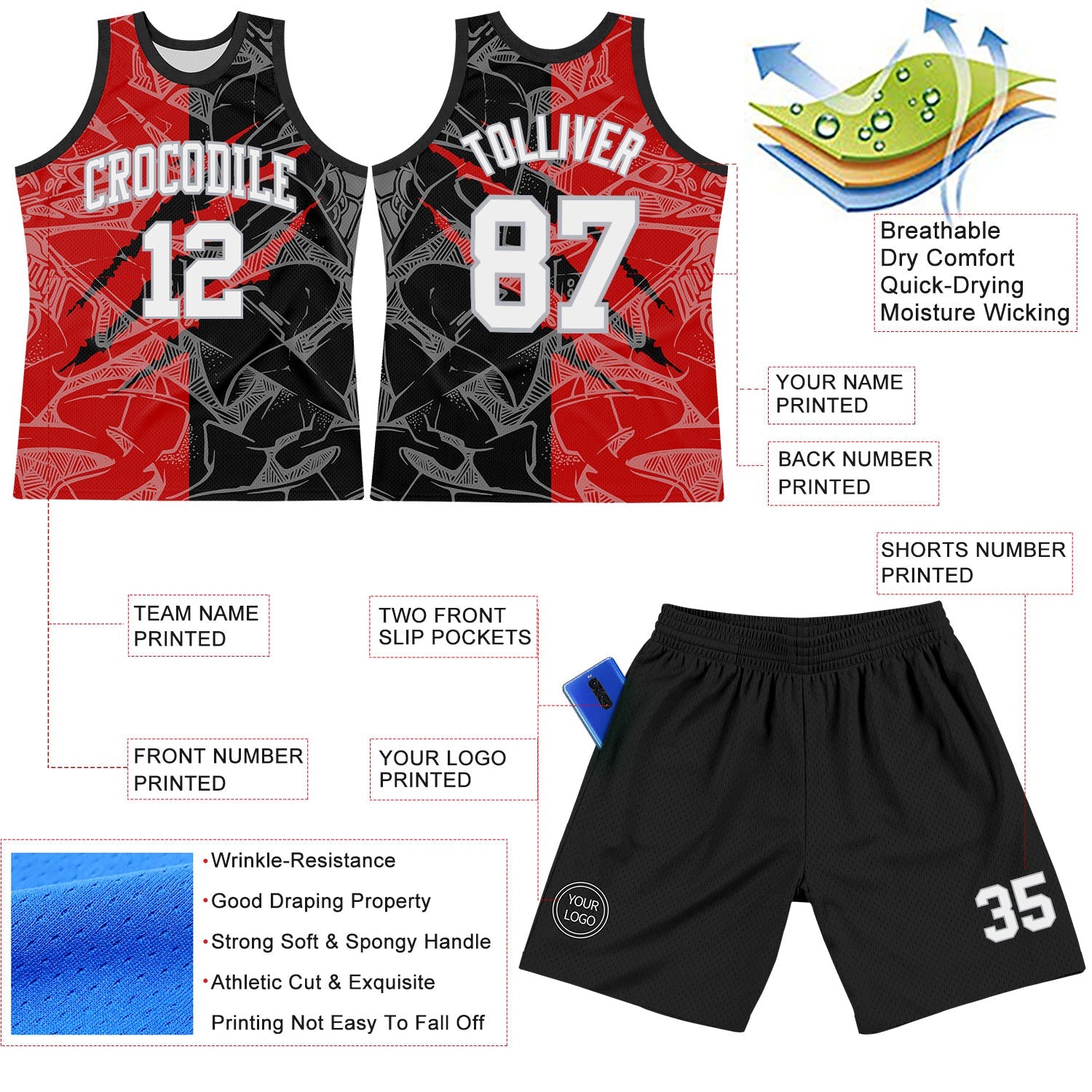 Custom Graffiti Pattern White Black Red-Gray Scratch Round Neck Sublimation Basketball Set Jersey