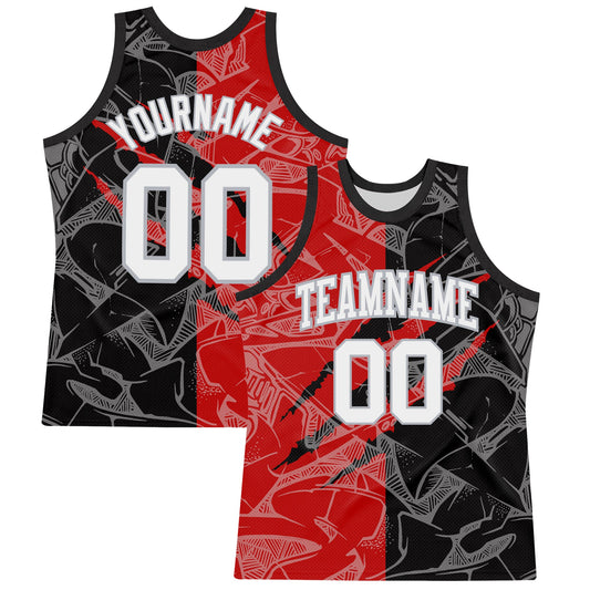 Custom Graffiti Pattern White Black Red-Gray Scratch Round Neck Sublimation Basketball Set Jersey
