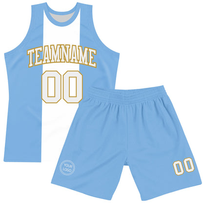Custom Light Blue White-Old Gold Argentinian Flag Round Neck Sublimation Basketball Set Jersey