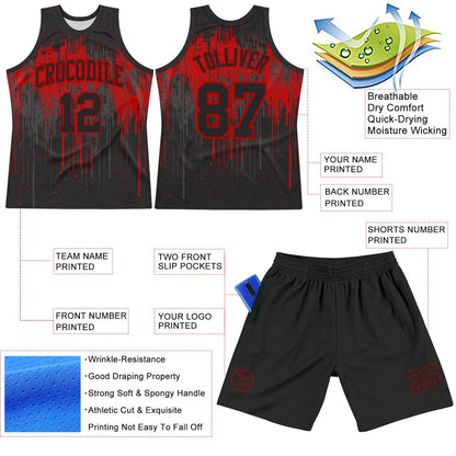 Custom Black Red Dripping Splatter Art Round Neck Sublimation Basketball Set Jersey