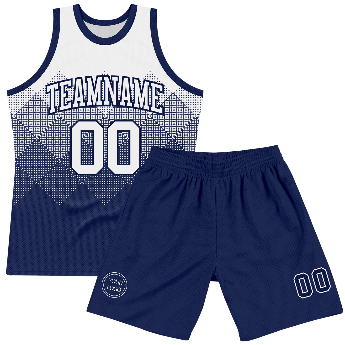 Custom White Navy Gradient Square Shapes Round Neck Sublimation Basketball Set Jersey