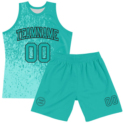 Custom Aqua Black Fragment Art Round Neck Sublimation Basketball Set Jersey