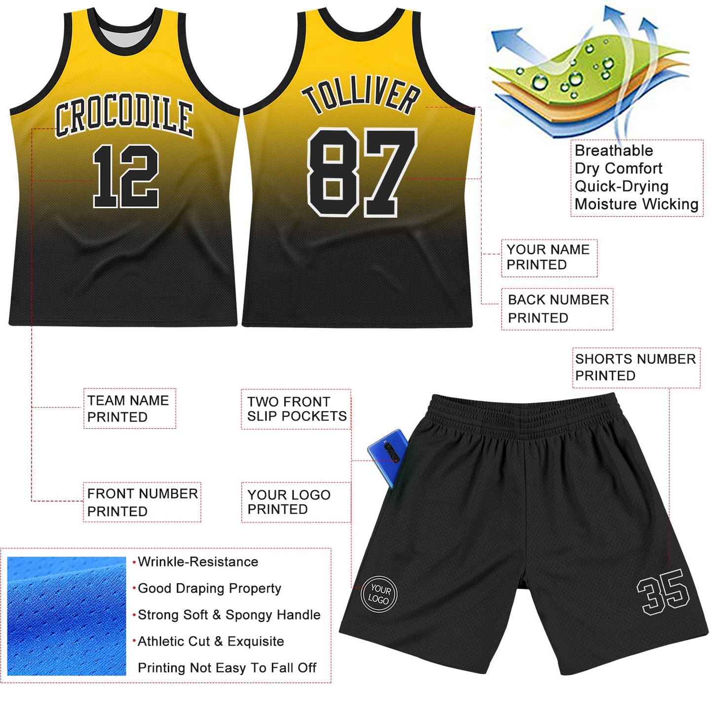 Custom Yellow Black-White Fade Fashion Round Neck Sublimation Basketball Set Jersey