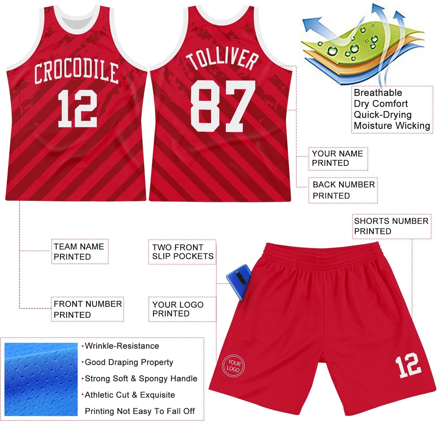 Custom Red White Line Round Neck Sublimation Basketball Set Jersey