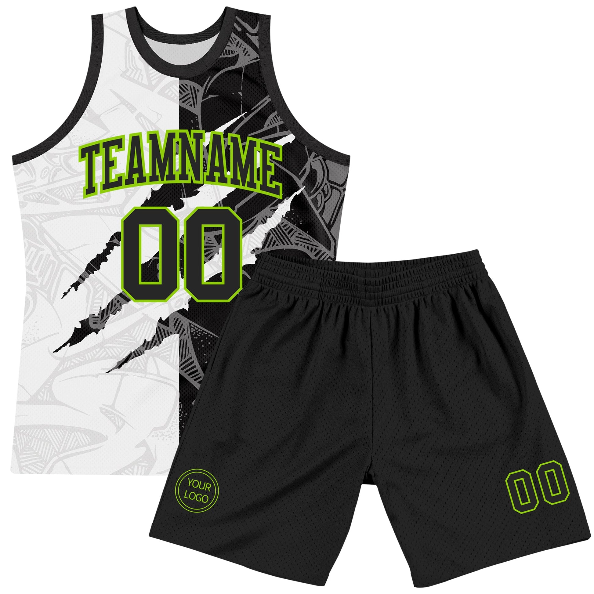 Custom Graffiti Pattern Black White-Neon Green Scratch Round Neck Sublimation Basketball Set Jersey