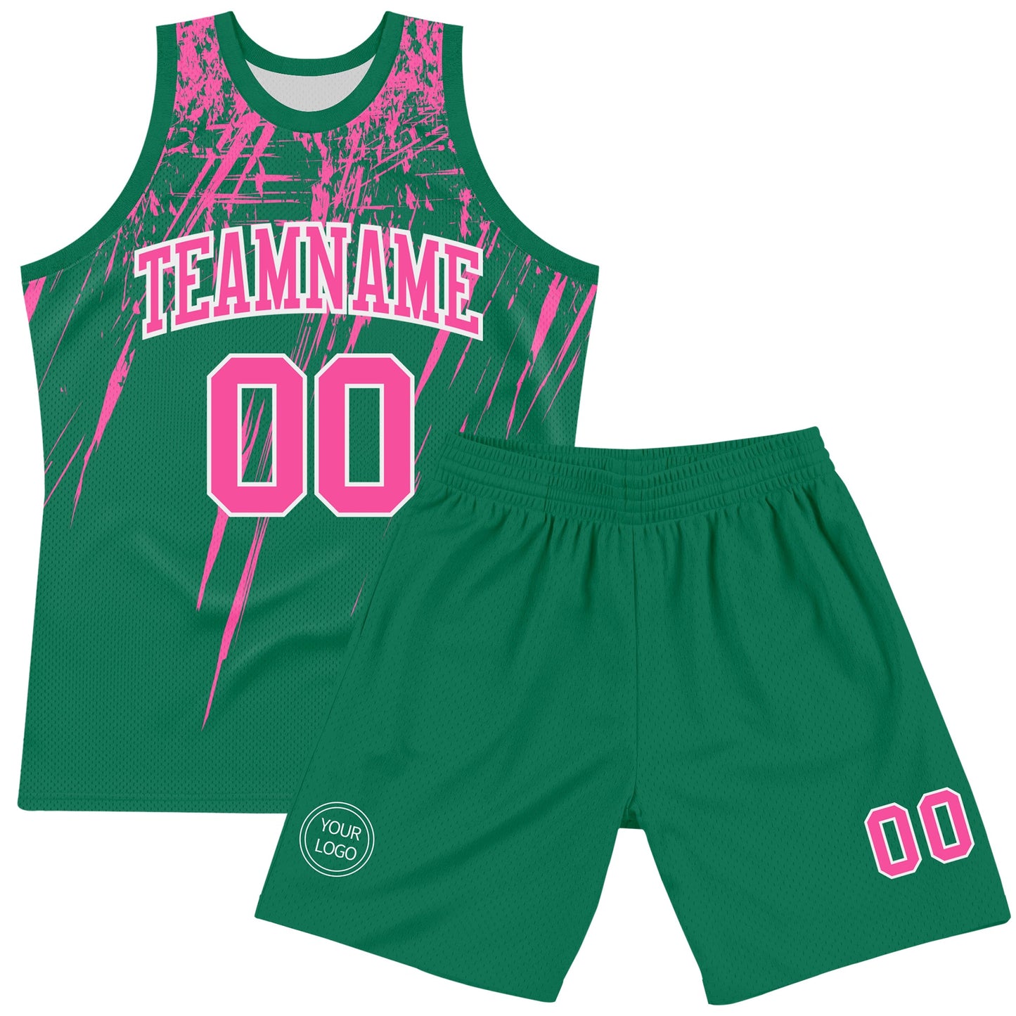 Custom Kelly Green Pink-White Splash Round Neck Sublimation Basketball Set Jersey