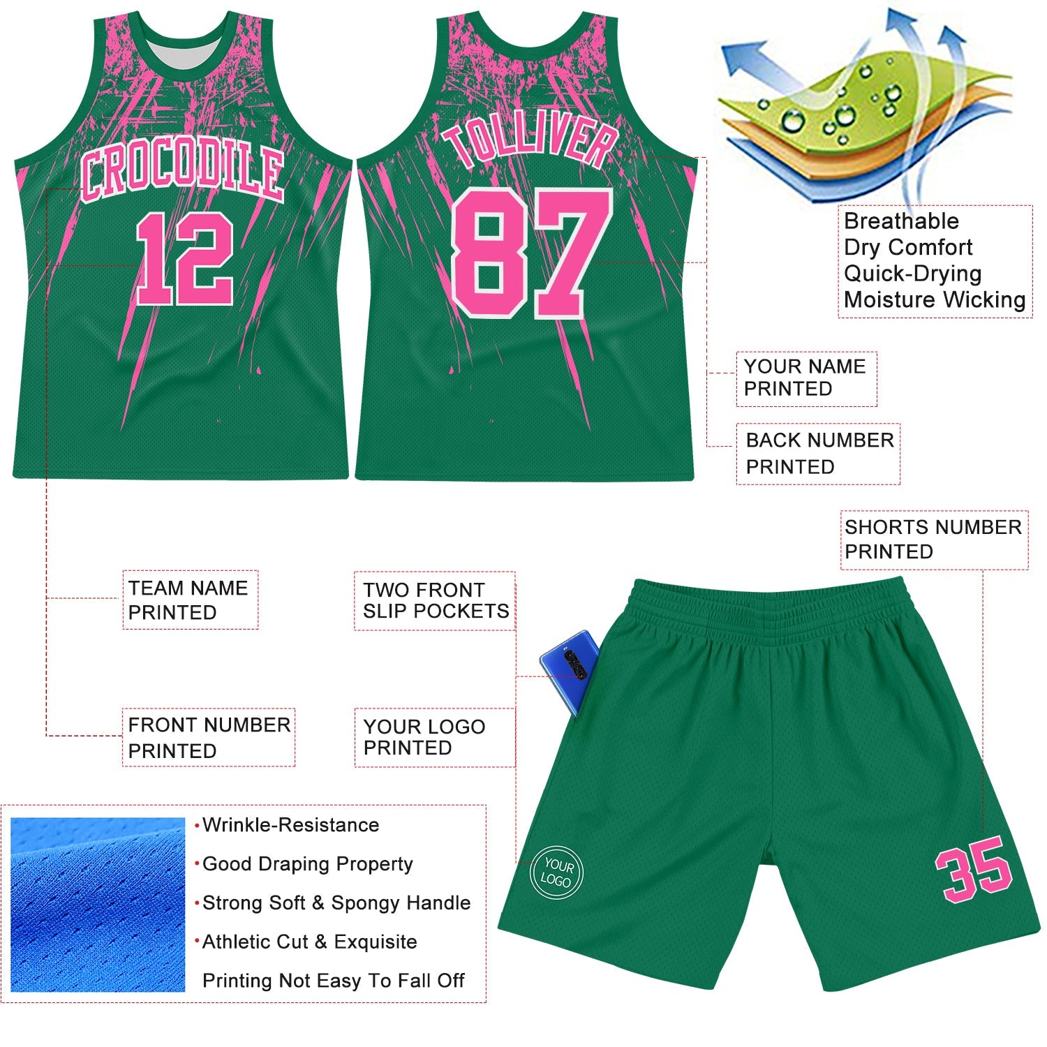 Custom Kelly Green Pink-White Splash Round Neck Sublimation Basketball Set Jersey