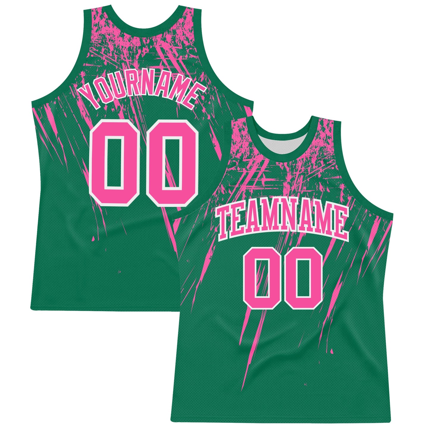 Custom Kelly Green Pink-White Splash Round Neck Sublimation Basketball Set Jersey