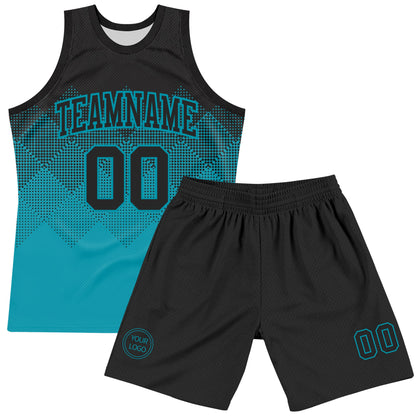 Custom Black Teal Gradient Square Shapes Round Neck Sublimation Basketball Set Jersey