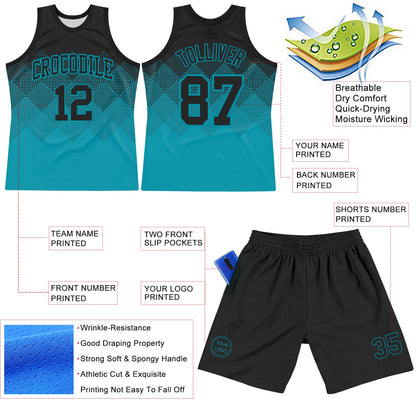 Custom Black Teal Gradient Square Shapes Round Neck Sublimation Basketball Set Jersey