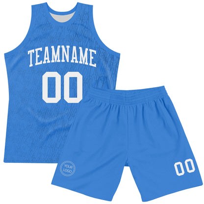 Custom Light Blue White Line Round Neck Sublimation Basketball Set Jersey