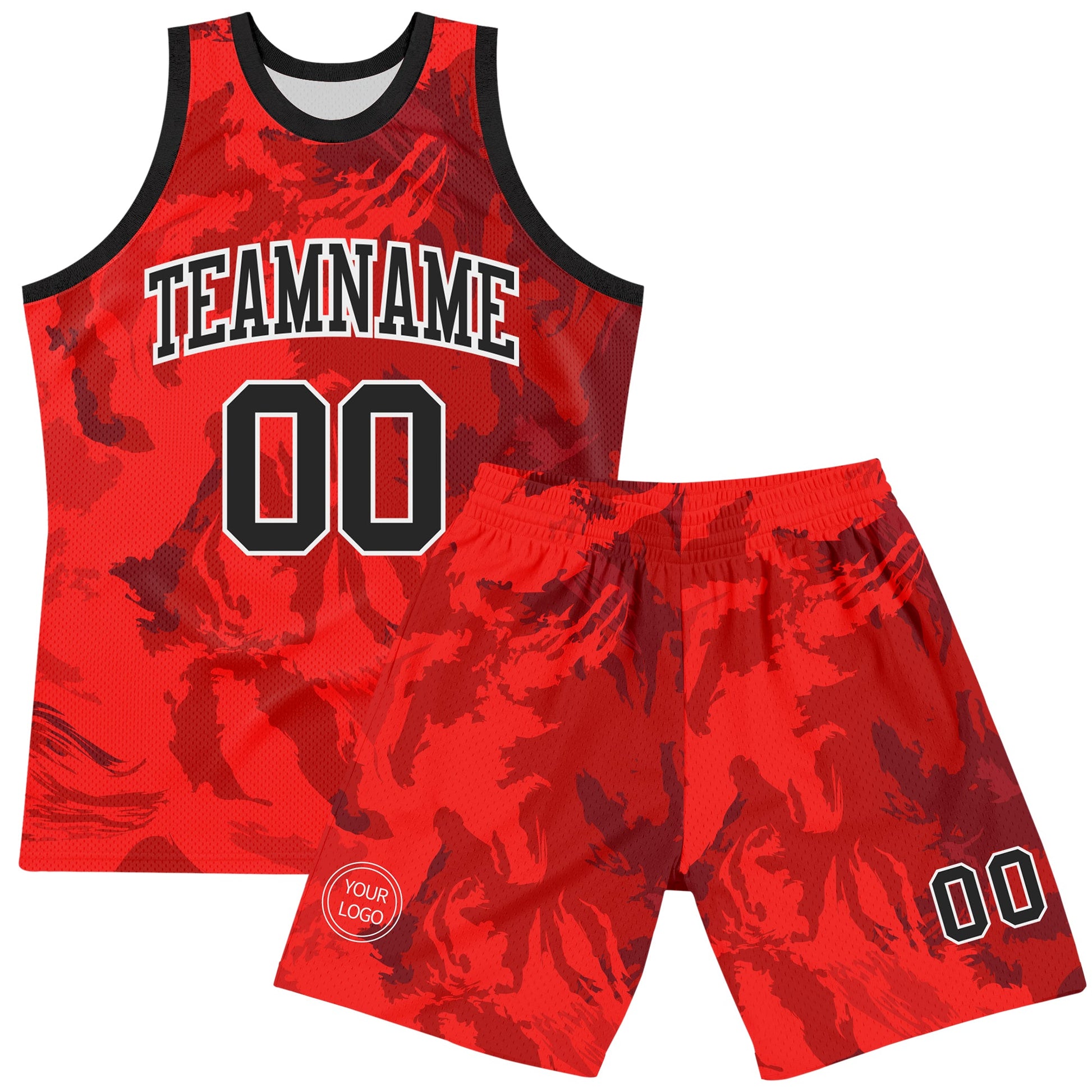 Custom Red Black-White Splash Round Neck Sublimation Basketball Set Jersey