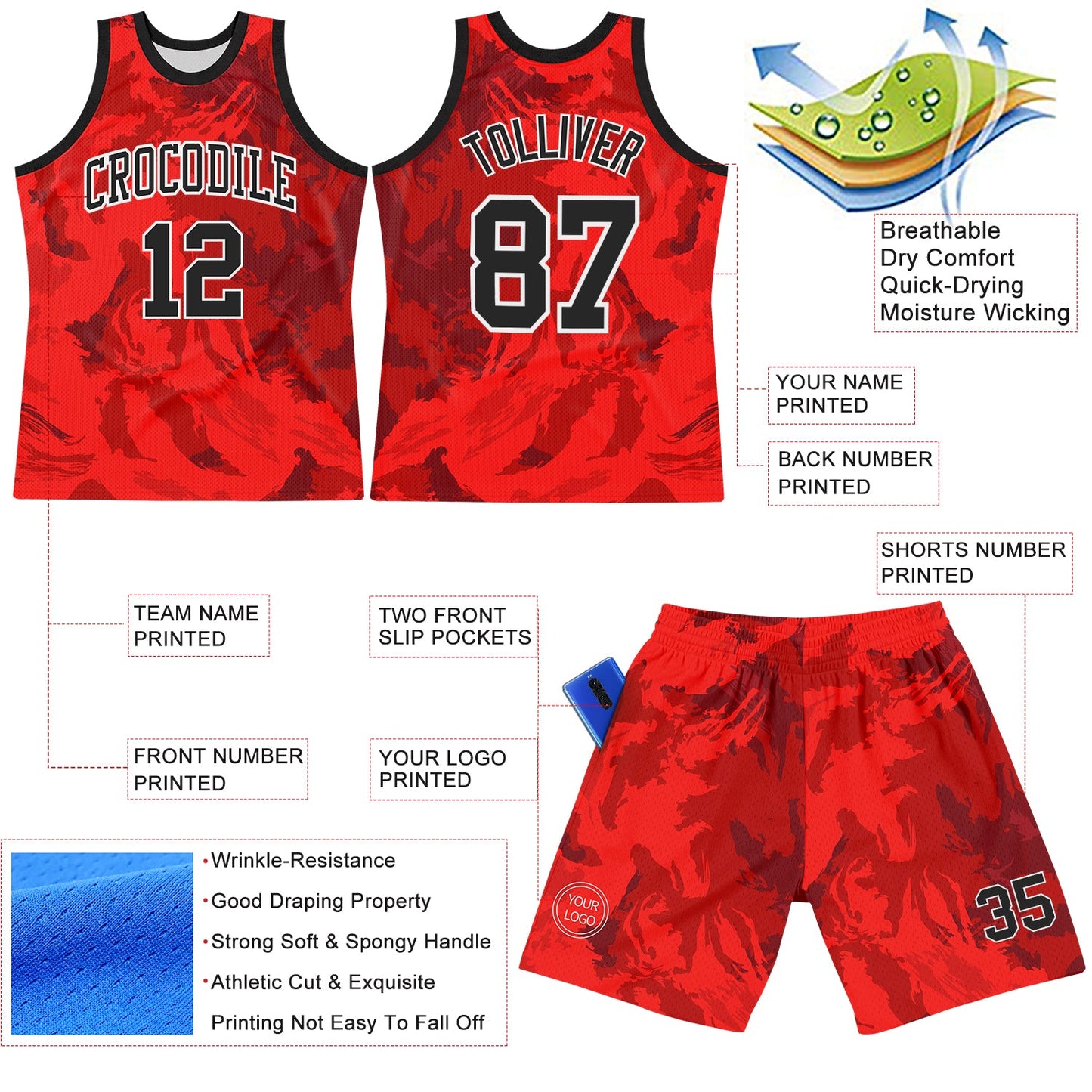 Custom Red Black-White Splash Round Neck Sublimation Basketball Set Jersey