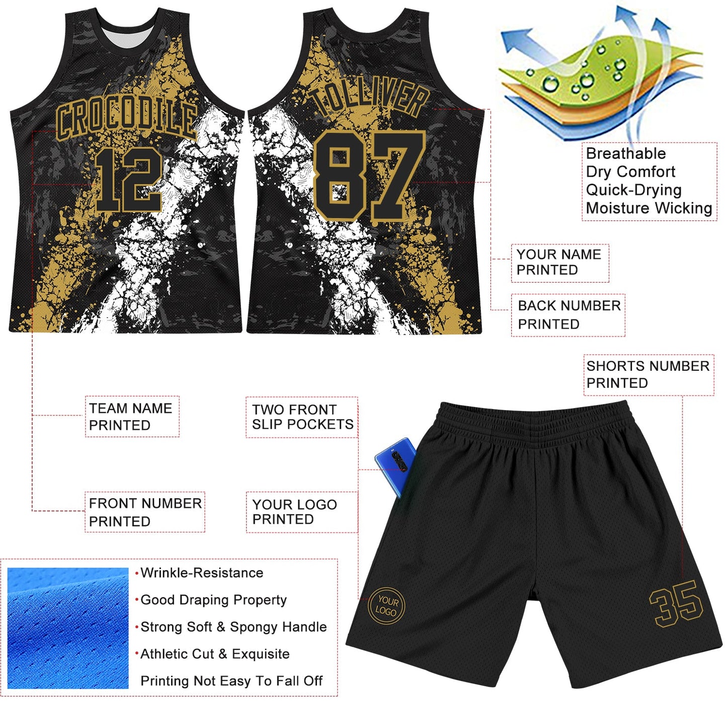 Custom Black Old Gold-White Splash Round Neck Sublimation Basketball Set Jersey