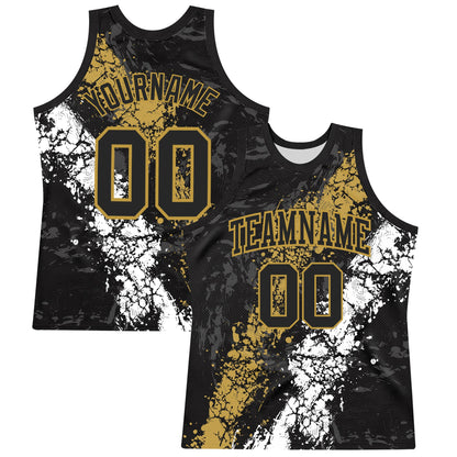 Custom Black Old Gold-White Splash Round Neck Sublimation Basketball Set Jersey