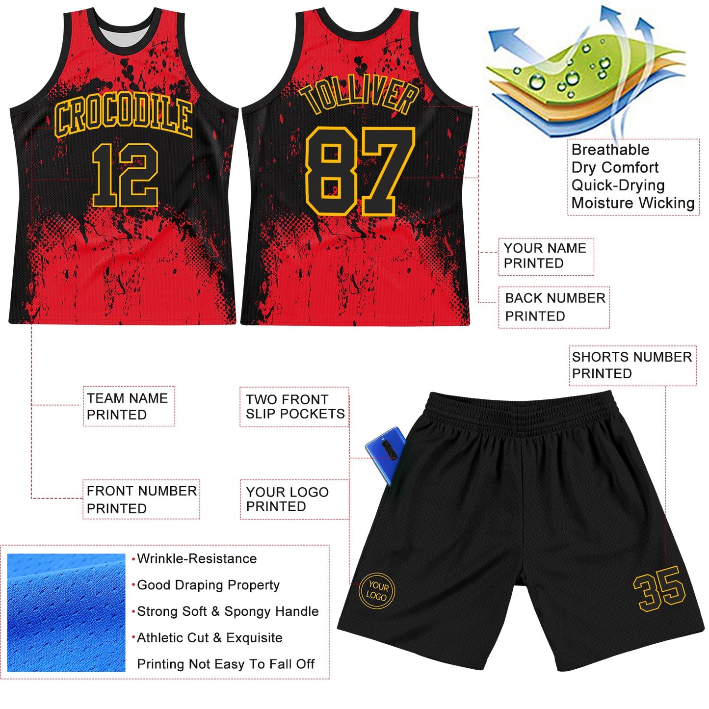 Custom Black Red-Gold Abstract Splatter Grunge Art Round Neck Sublimation Basketball Set Jersey