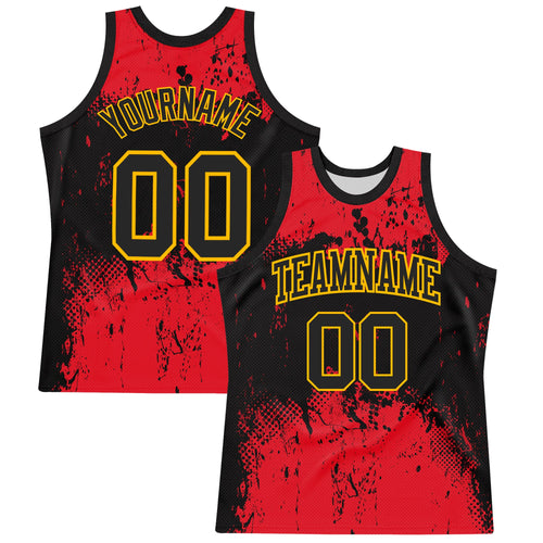 Custom Black Red-Gold Abstract Splatter Grunge Art Round Neck Sublimation Basketball Set Jersey