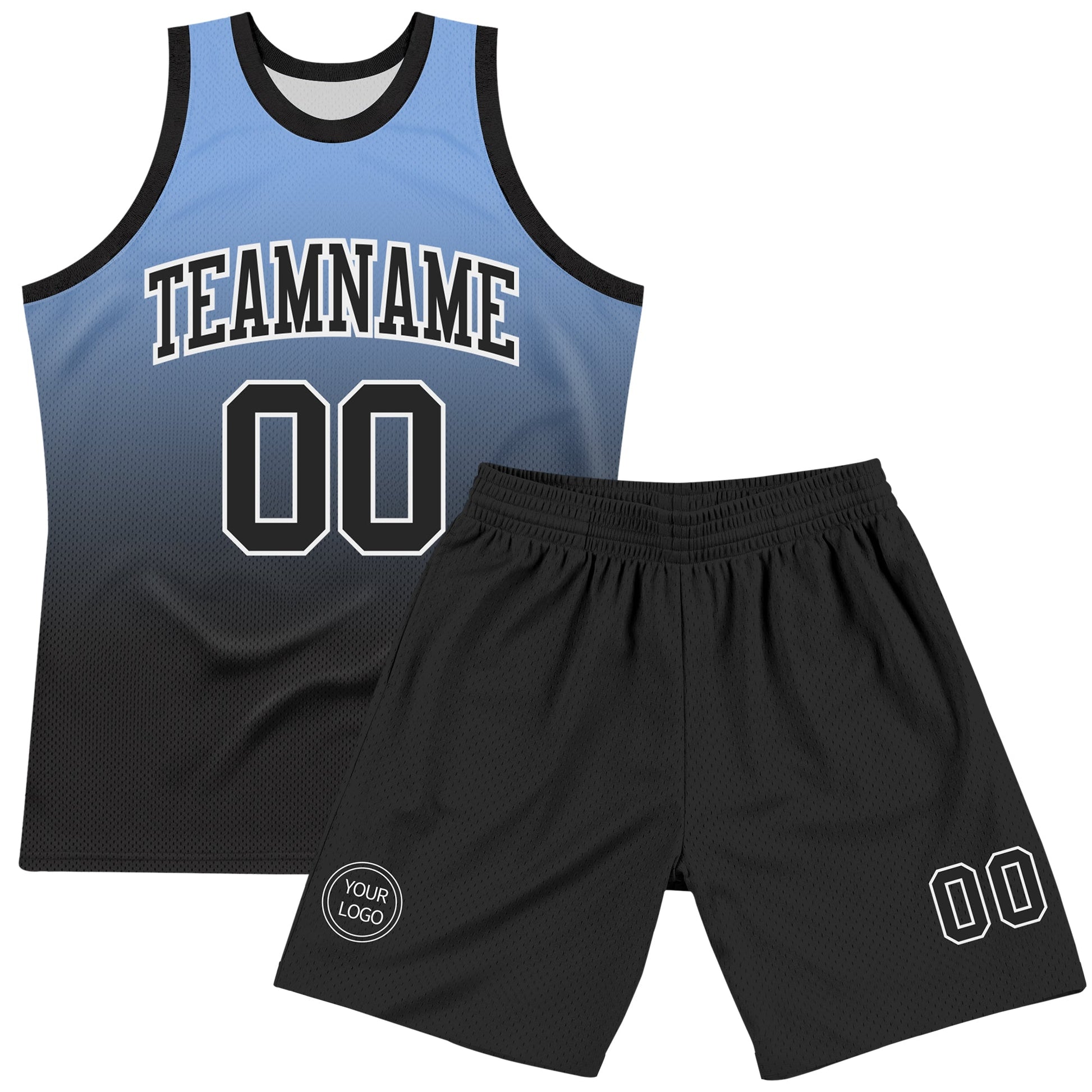 Custom Powder Blue Black-White Fade Fashion Round Neck Sublimation Basketball Set Jersey