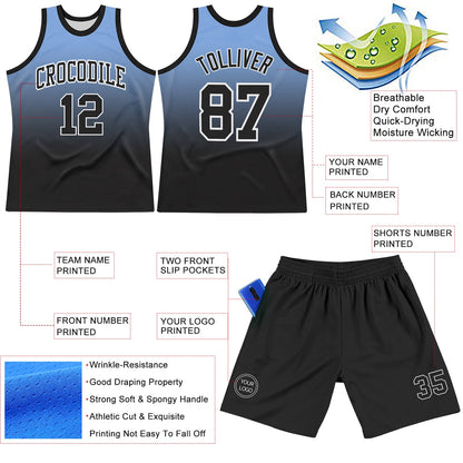 Custom Powder Blue Black-White Fade Fashion Round Neck Sublimation Basketball Set Jersey
