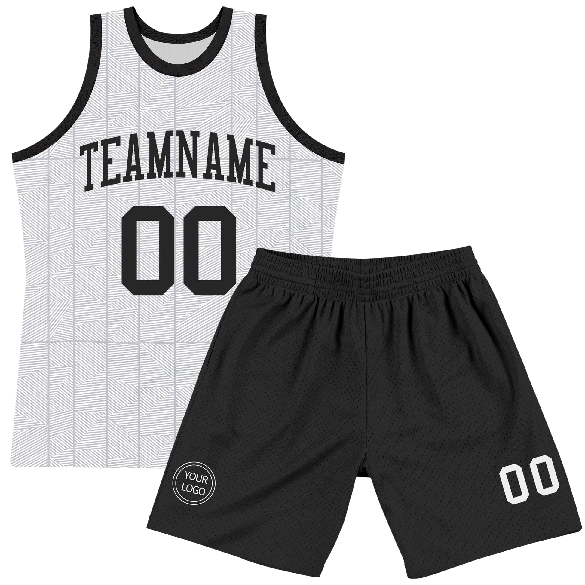 Custom Gray Black-White Line Round Neck Sublimation Basketball Set Jersey