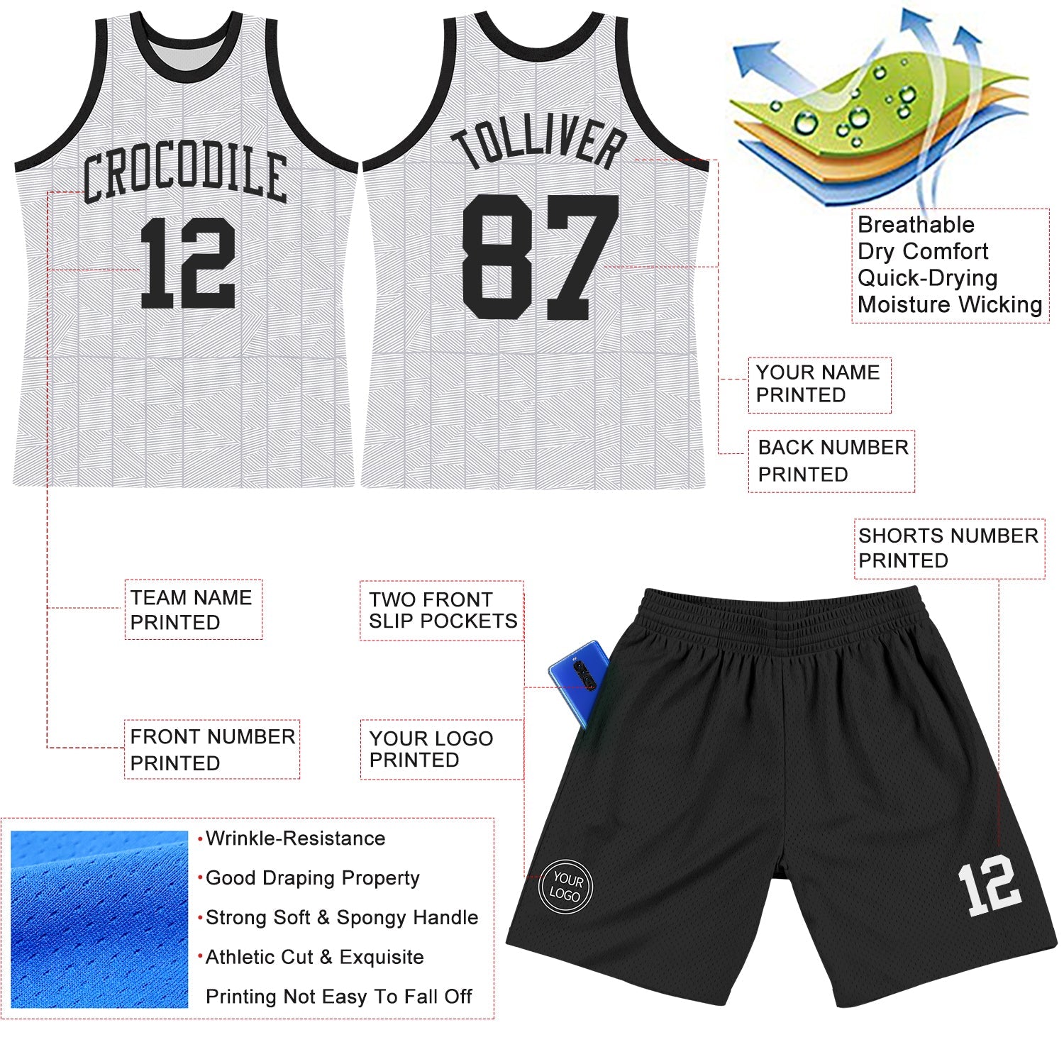 Custom Gray Black-White Line Round Neck Sublimation Basketball Set Jersey