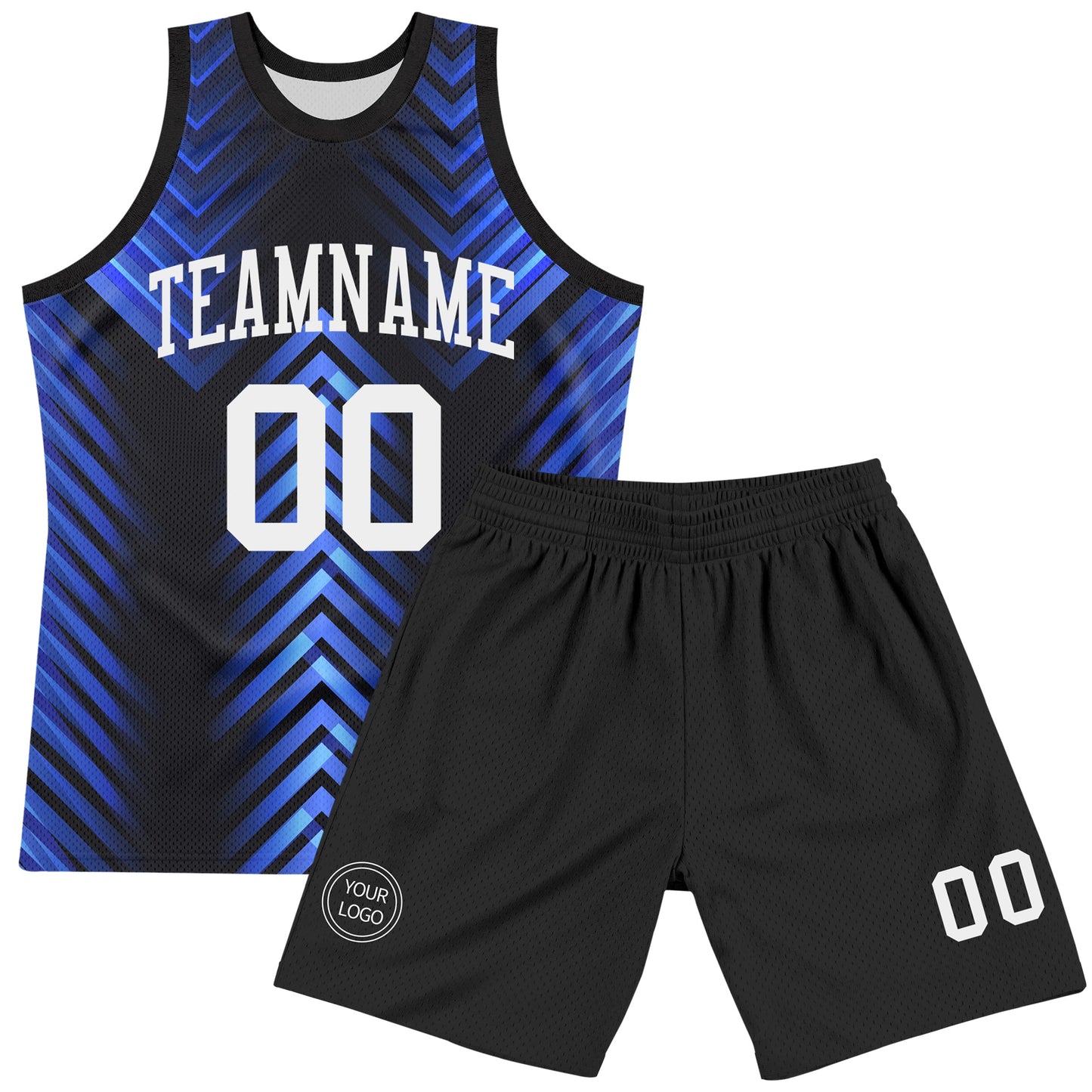 Custom Black White-Royal Arrow Shape Round Neck Sublimation Basketball Set Jersey