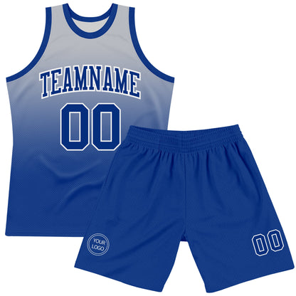 Custom Gray Royal-White Fade Fashion Round Neck Sublimation Basketball Set Jersey