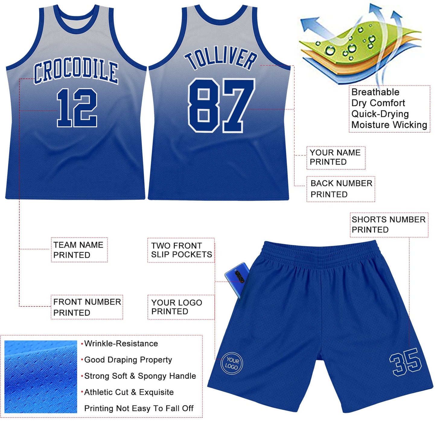Custom Gray Royal-White Fade Fashion Round Neck Sublimation Basketball Set Jersey