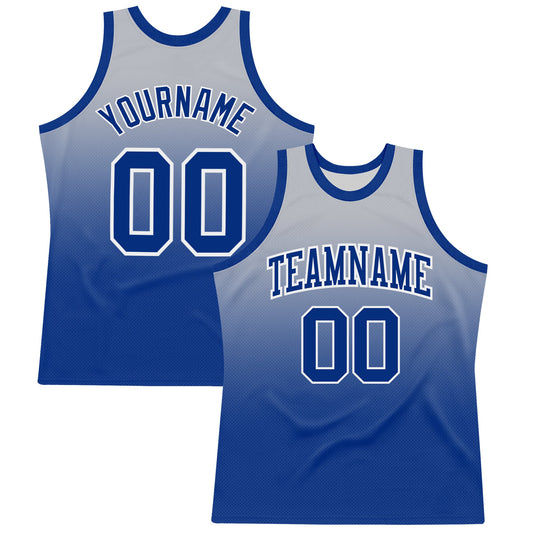 Custom Gray Royal-White Fade Fashion Round Neck Sublimation Basketball Set Jersey