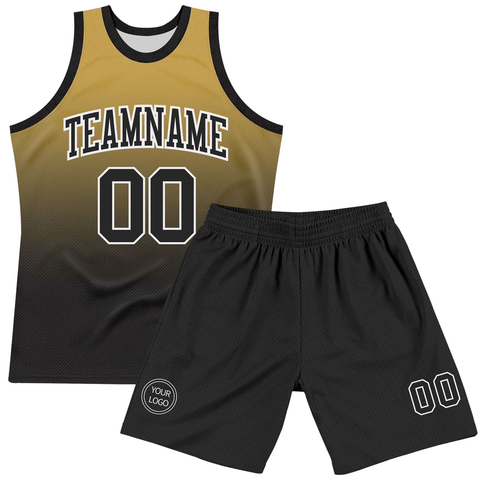 Custom Old Gold Black-White Fade Fashion Round Neck Sublimation Basketball Set Jersey