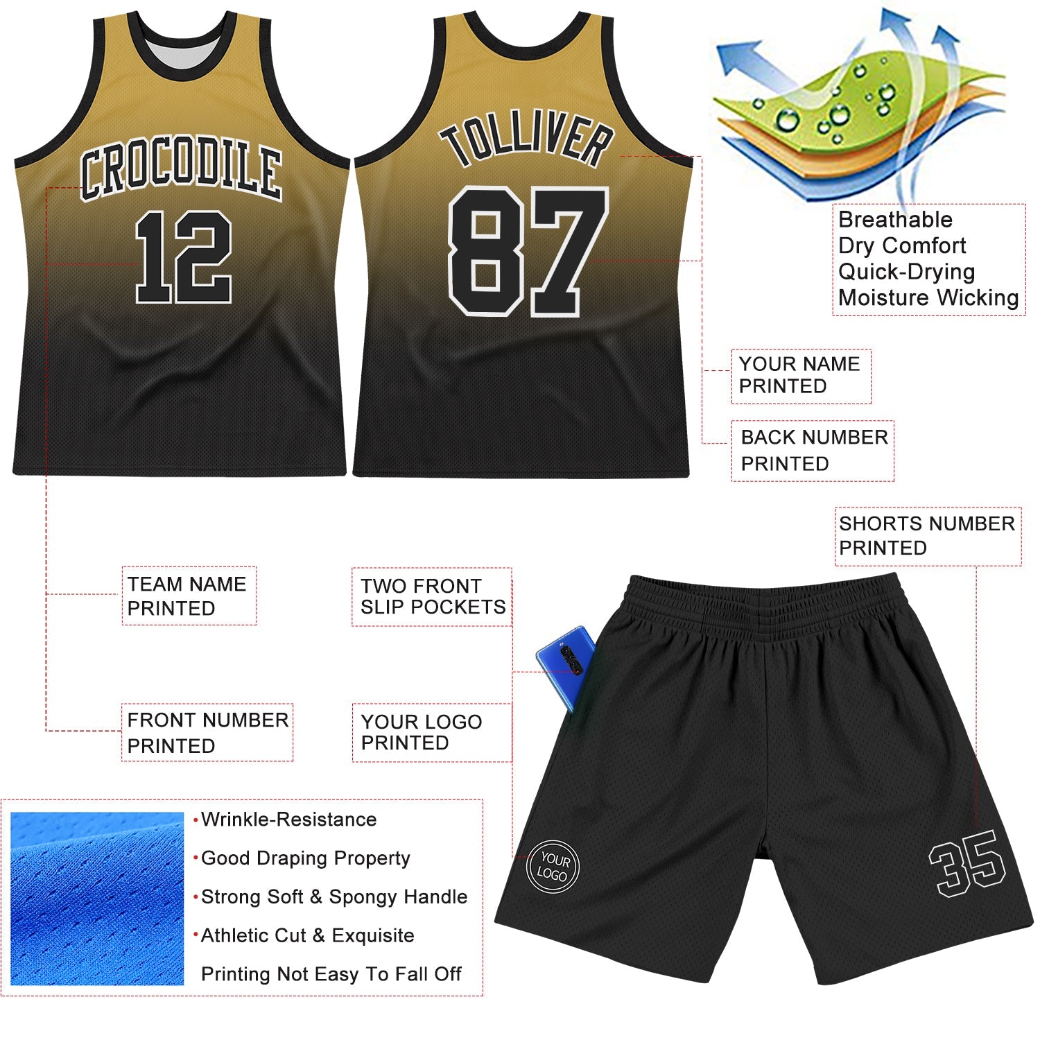 Custom Old Gold Black-White Fade Fashion Round Neck Sublimation Basketball Set Jersey