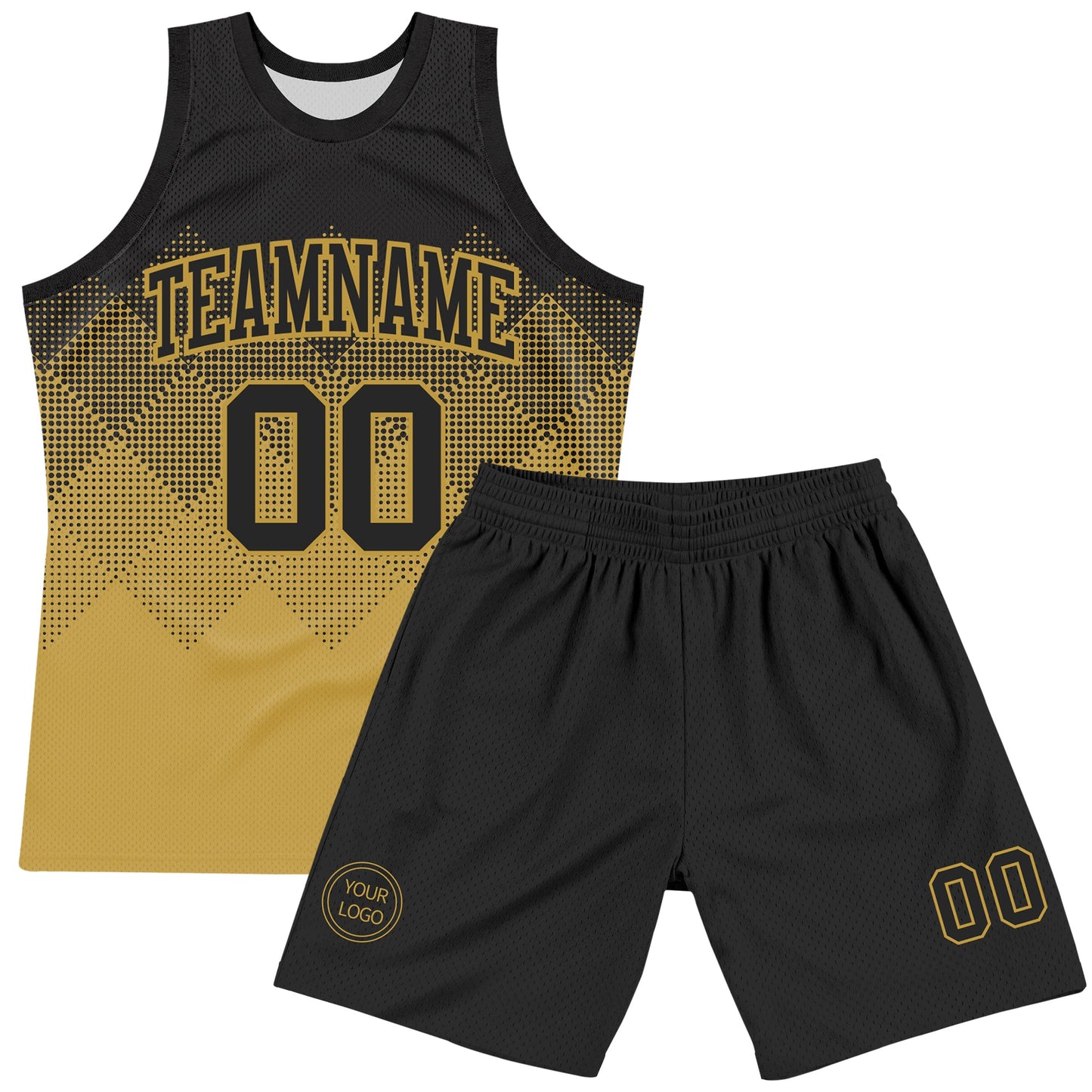 Custom Black Old Gold Gradient Square Shapes Round Neck Sublimation Basketball Set Jersey