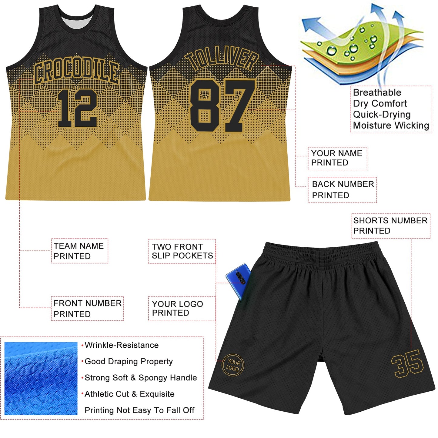 Custom Black Old Gold Gradient Square Shapes Round Neck Sublimation Basketball Set Jersey