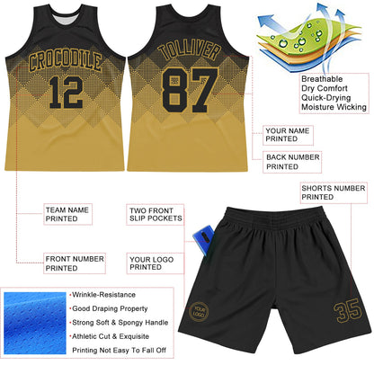 Custom Black Old Gold Gradient Square Shapes Round Neck Sublimation Basketball Set Jersey