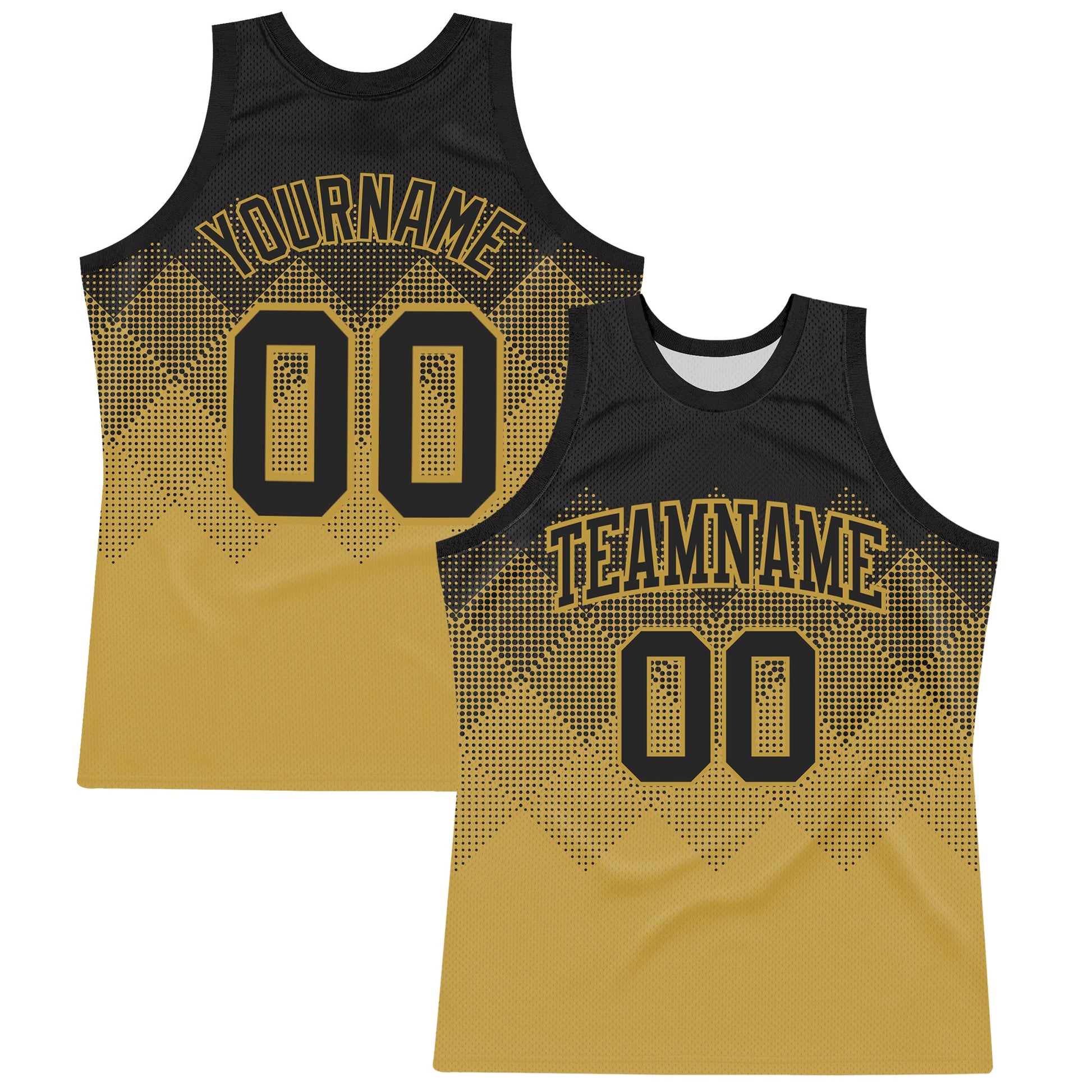 Custom Black Old Gold Gradient Square Shapes Round Neck Sublimation Basketball Set Jersey