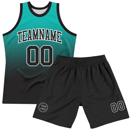 Custom Aqua Black-White Fade Fashion Round Neck Sublimation Basketball Set Jersey