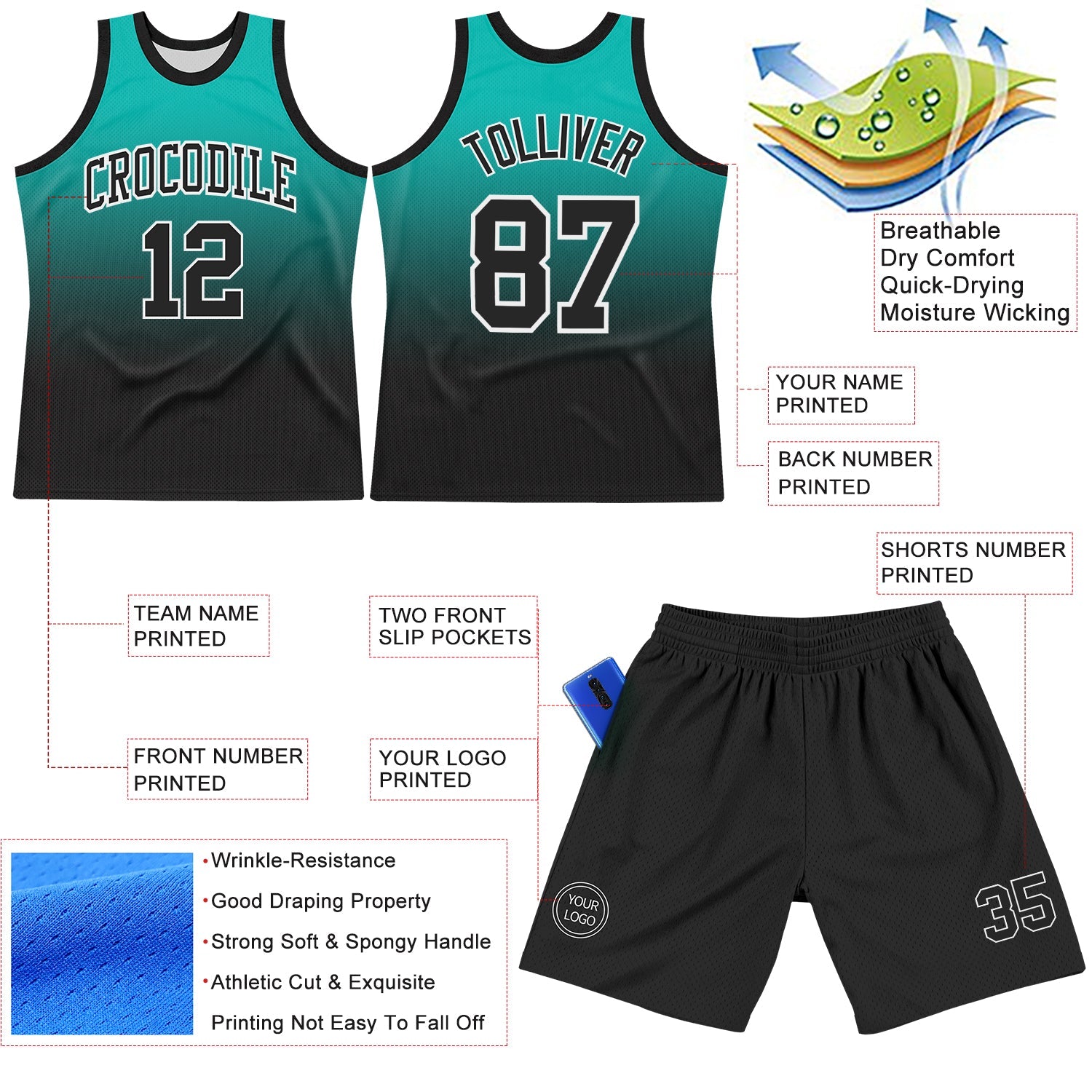 Custom Aqua Black-White Fade Fashion Round Neck Sublimation Basketball Set Jersey