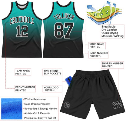 Custom Aqua Black-White Fade Fashion Round Neck Sublimation Basketball Set Jersey